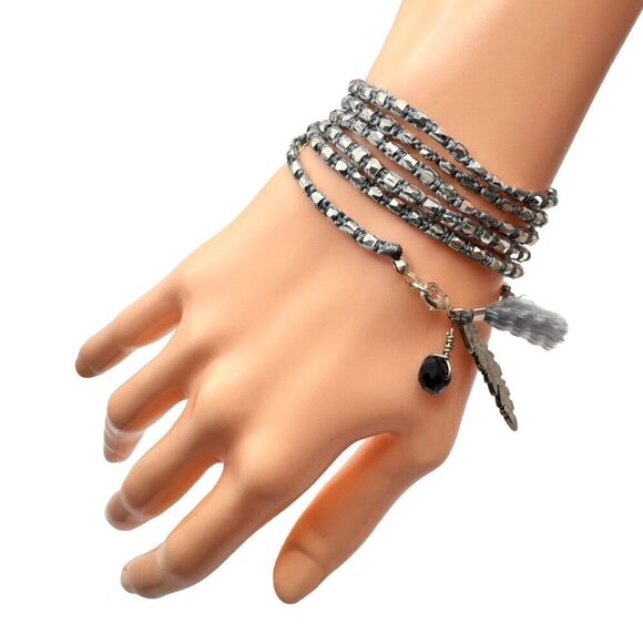 NWT Silver Beaded Braided Multi Wrap Feather Charm Bracelet - Picture 3 of 10